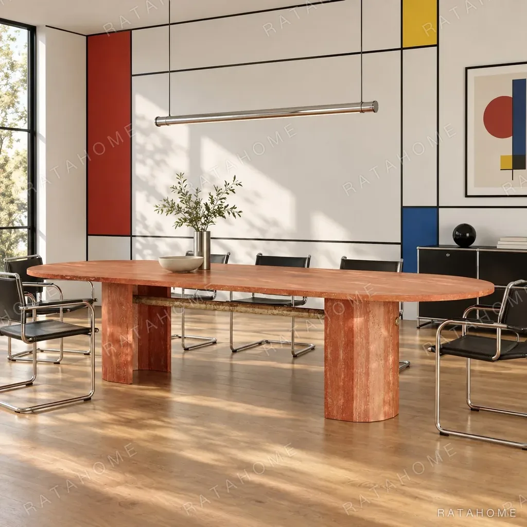 Red Travertine Long Conference Table in red — in a room setting