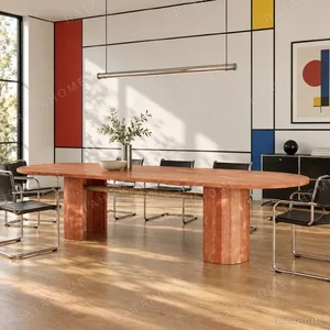 Red Travertine Long Conference Table in red — in a room setting