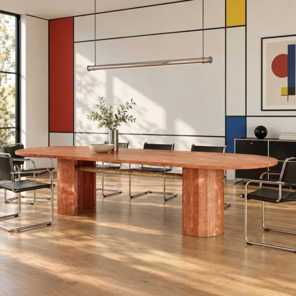 Red Travertine Long Conference Table in red — in a room setting