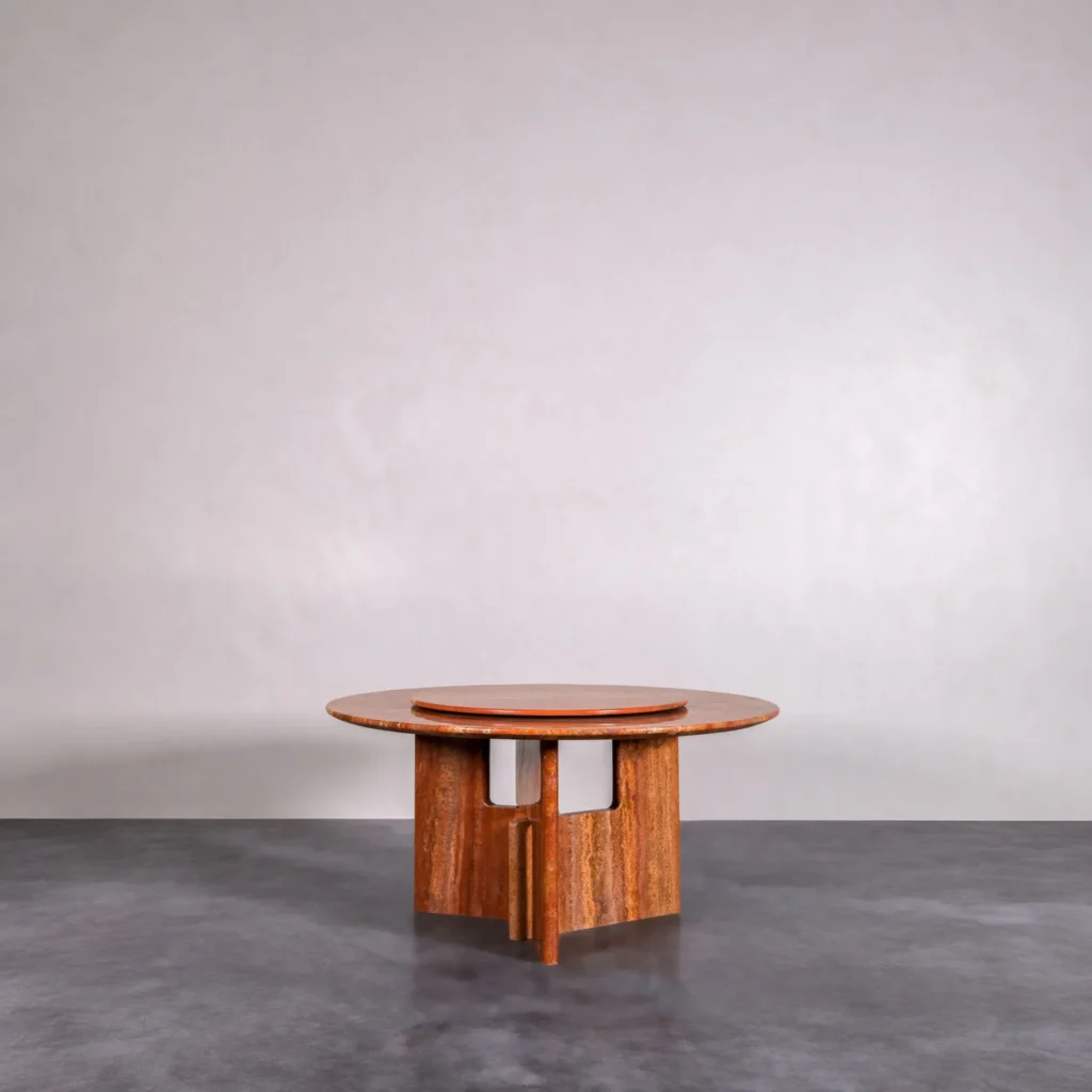 Red Travertine Round Dining Table with Lazy Susan in rust — front view