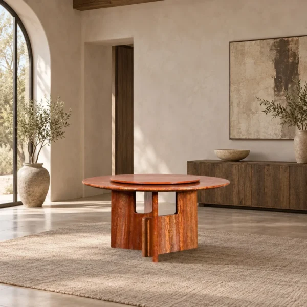 Red Travertine Round Dining Table with Lazy Susan in rust — in a room setting