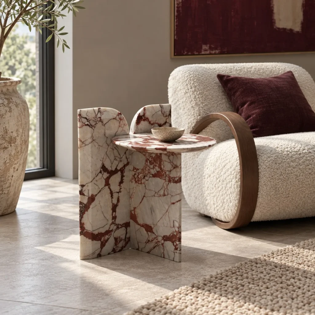 Red Veined Marble Geometric Side Table with Round Top in red — front view