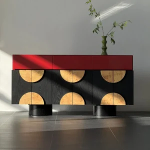 Red and Black Sideboard with Burl Half-Moon Doors — front view