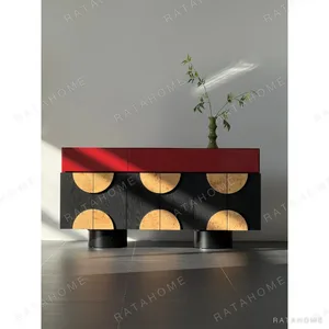 Red and Black Sideboard with Burl Half-Moon Doors in red — in a room setting