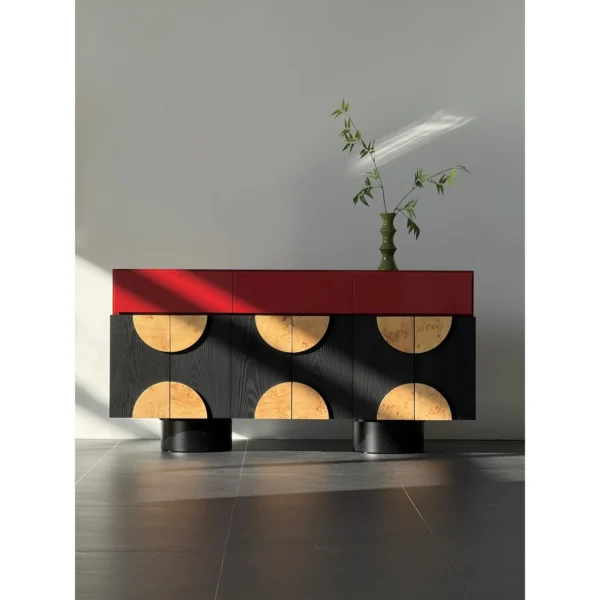 Red and Black Sideboard with Burl Half-Moon Doors in red — in a room setting