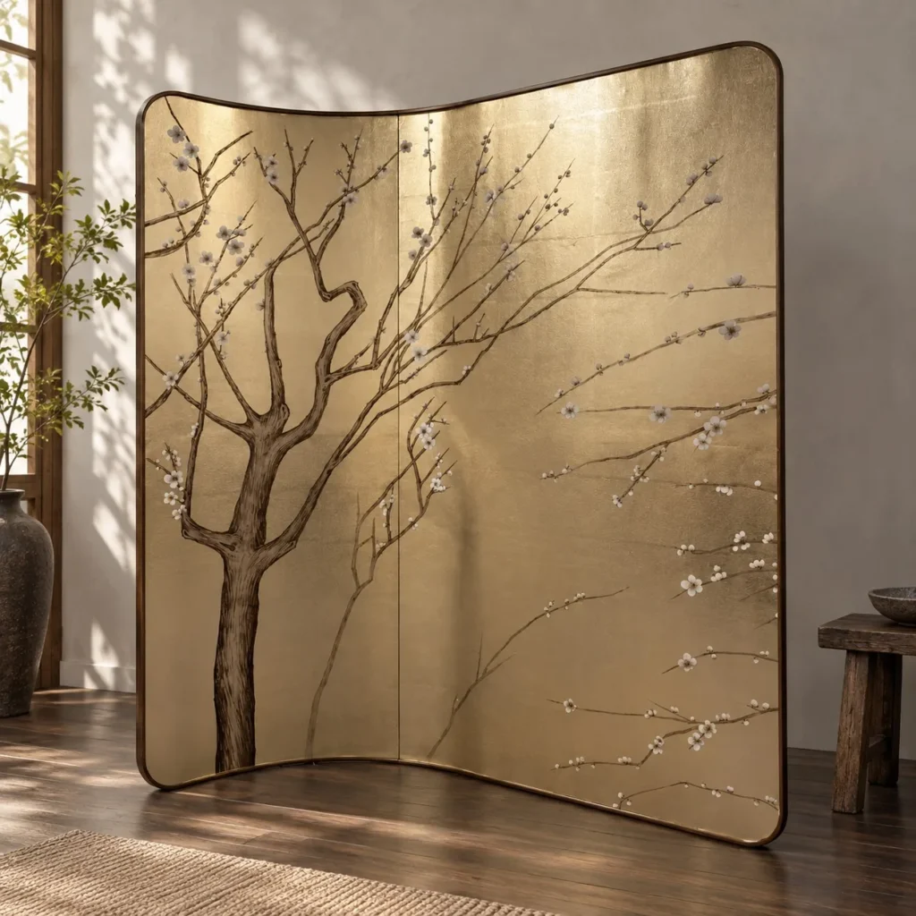 Gold Leaf Screen with Painted Plum Tree in brushed brass — front view