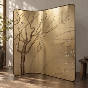 Gold Leaf Screen with Painted Plum Tree in brushed brass — front view