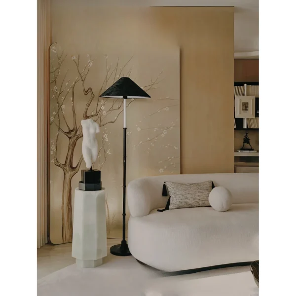 Gold Leaf Screen with Painted Plum Tree in brushed brass — in a room setting
