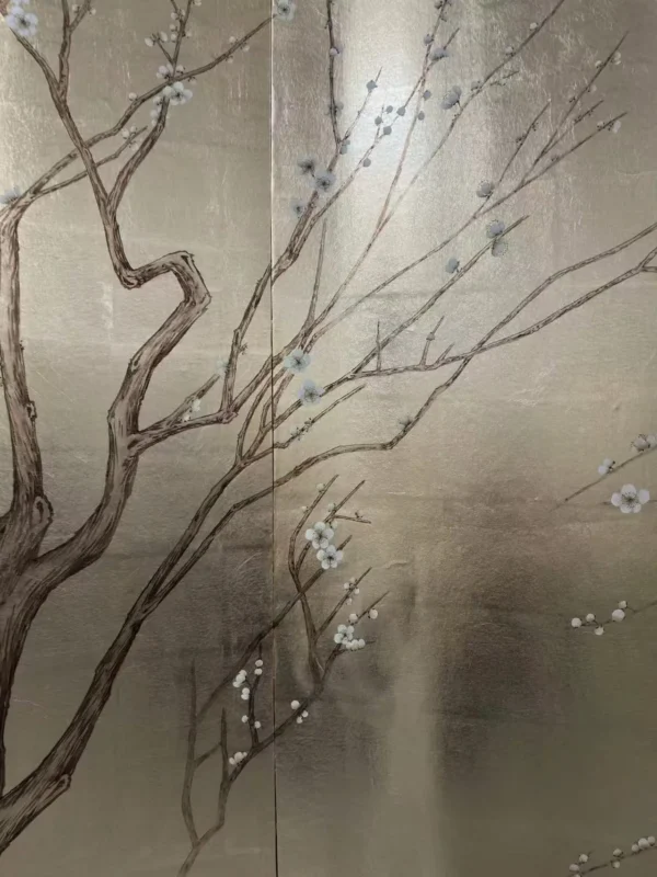 Gold Leaf Screen with Painted Plum Tree in brushed brass — in a room setting