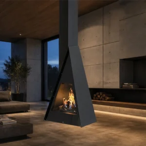 Regan Freestanding Pyramid Fireplace with Glass Front in black — in a room setting