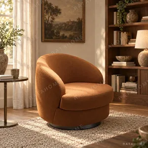 Curved Caramel Fabric Swivel Lounge Chair on Slim Base in rust — in a room setting