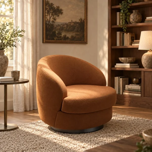 Curved Caramel Fabric Swivel Lounge Chair on Slim Base in rust — in a room setting