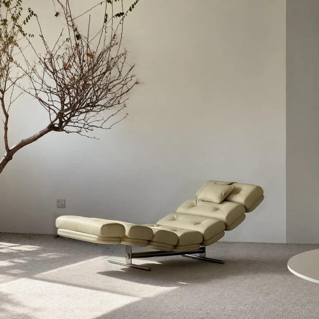White Ribbed Chaise Lounge on Chrome Frame, 166 cm in ivory — front view