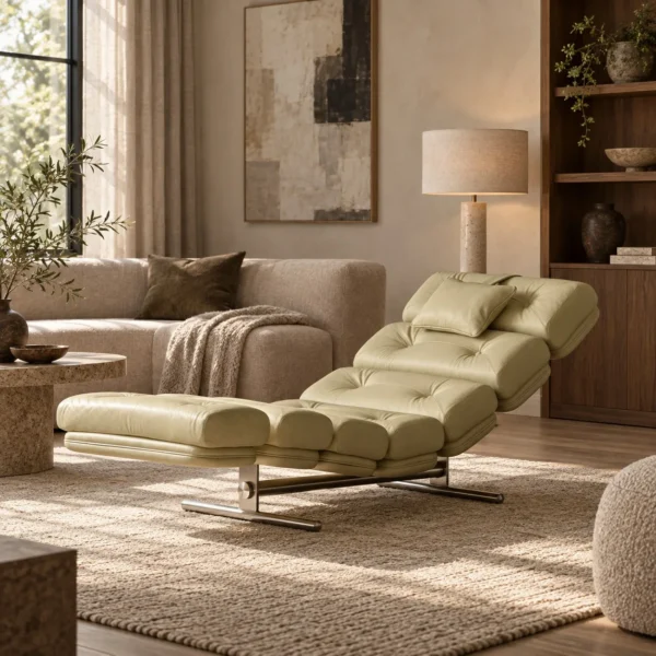 White Ribbed Chaise Lounge on Chrome Frame, 166 cm in ivory — in a room setting