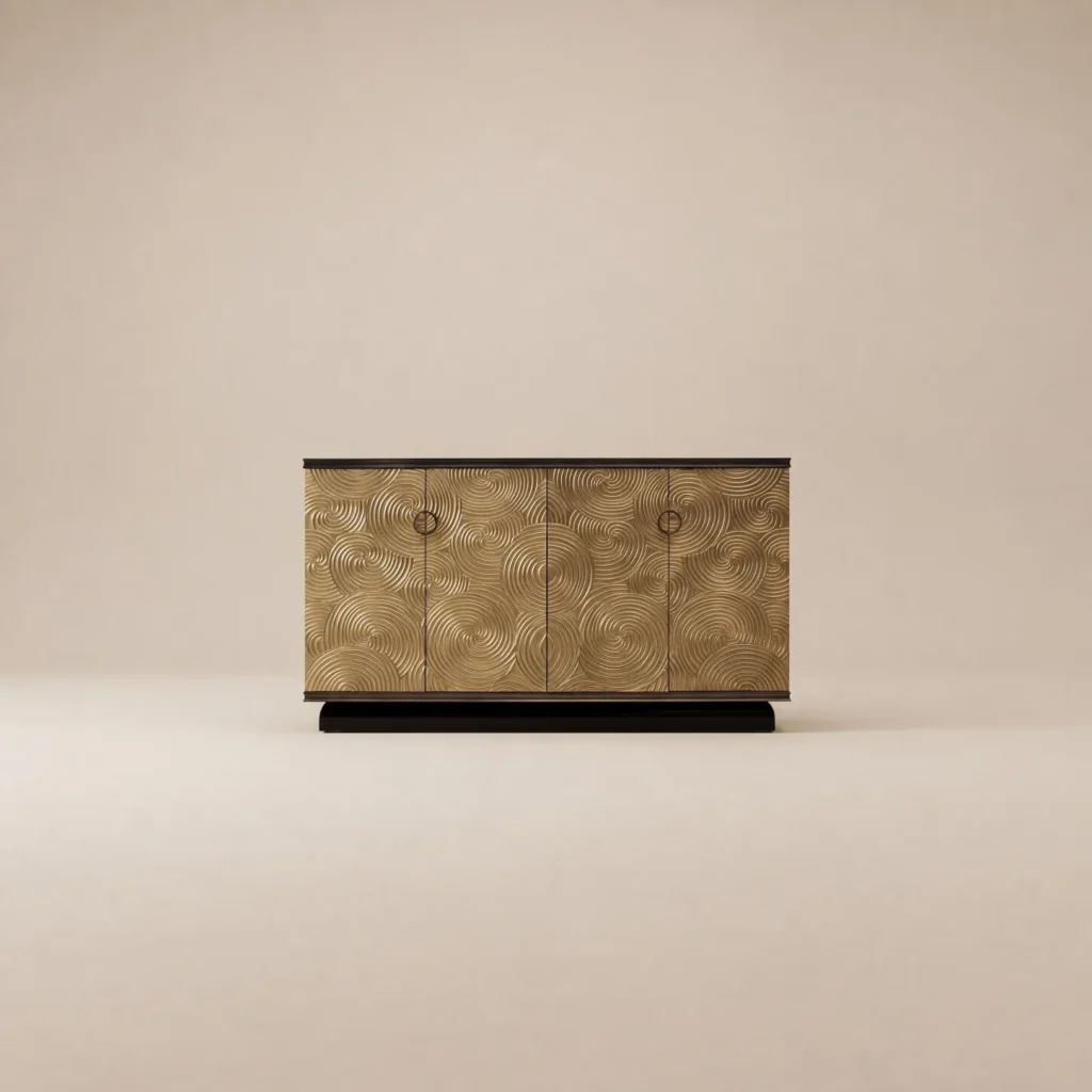Black Walnut Sideboard with Gilded Swirl Relief Doors in brushed brass — front view
