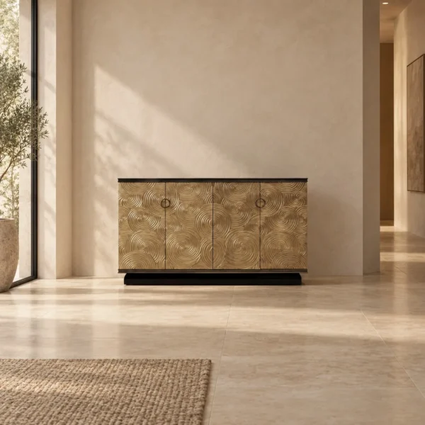 Black Walnut Sideboard with Gilded Swirl Relief Doors in brushed brass — in a room setting