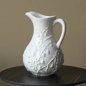 Lily of the Valley Relief Ceramic Pitcher Vase, Three Sizes in ivory — front view