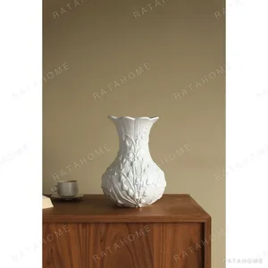 Lily of the Valley Relief Ceramic Pitcher Vase, Three Sizes in ivory — in a room setting