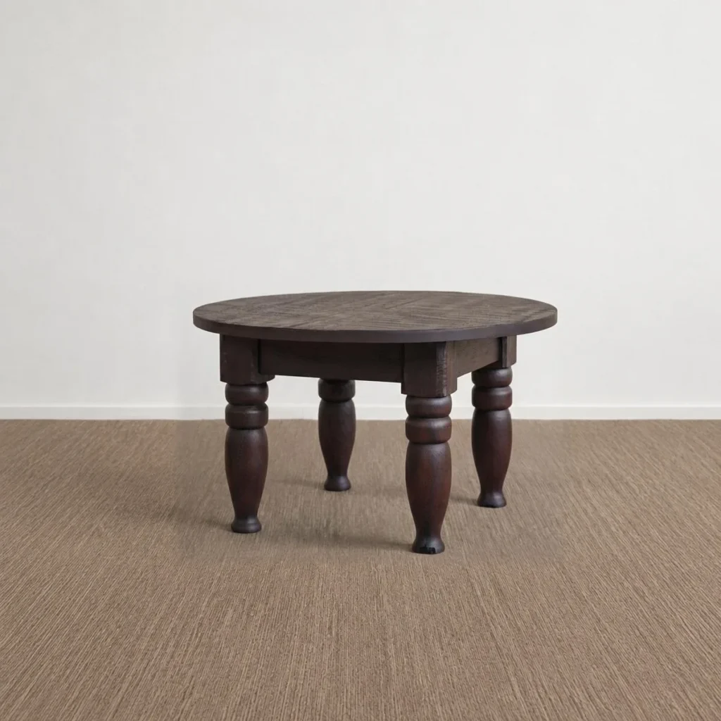 Remain Round Solid Wood Coffee Table on Turned Legs in clay — front view