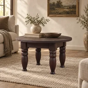 Remain Round Solid Wood Coffee Table on Turned Legs in clay — in a room setting