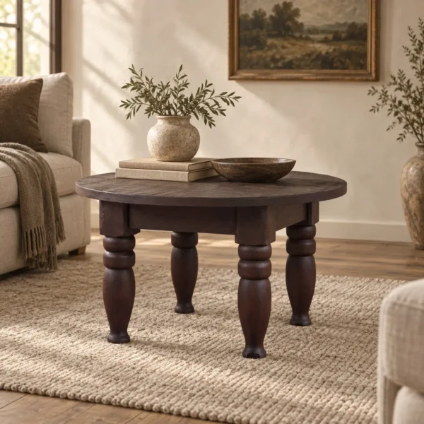 Remain Round Solid Wood Coffee Table on Turned Legs in clay — in a room setting