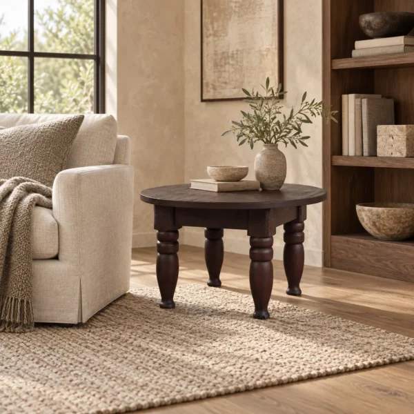 Remain Round Solid Wood Coffee Table on Turned Legs in clay — in a room setting