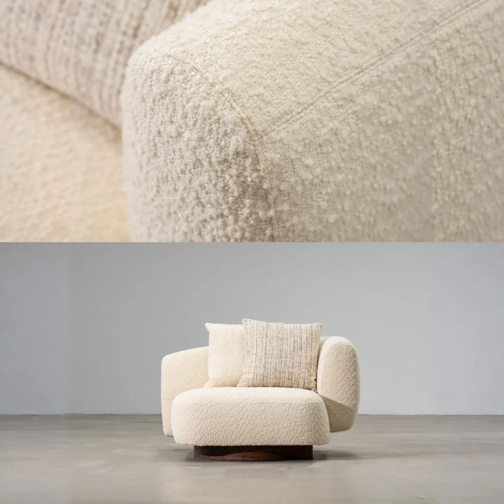 Asymmetric Shearling Lounge Chair on Wood Base in oatmeal — front view
