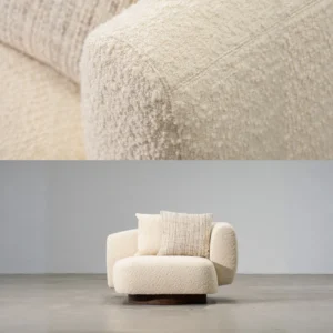 Asymmetric Shearling Lounge Chair on Wood Base in oatmeal — front view