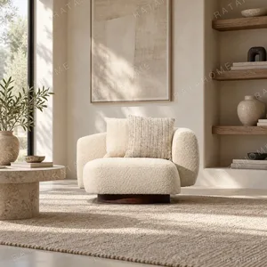 Asymmetric Shearling Lounge Chair on Wood Base in oatmeal — in a room setting