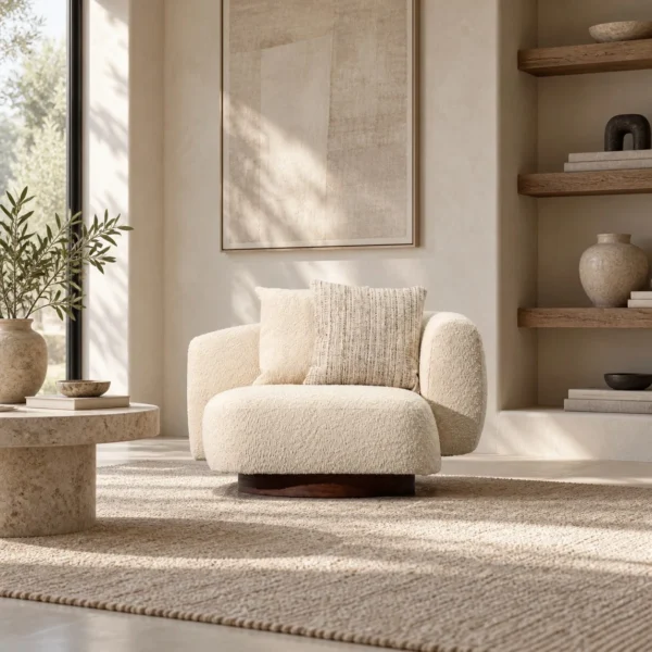 Asymmetric Shearling Lounge Chair on Wood Base in oatmeal — in a room setting