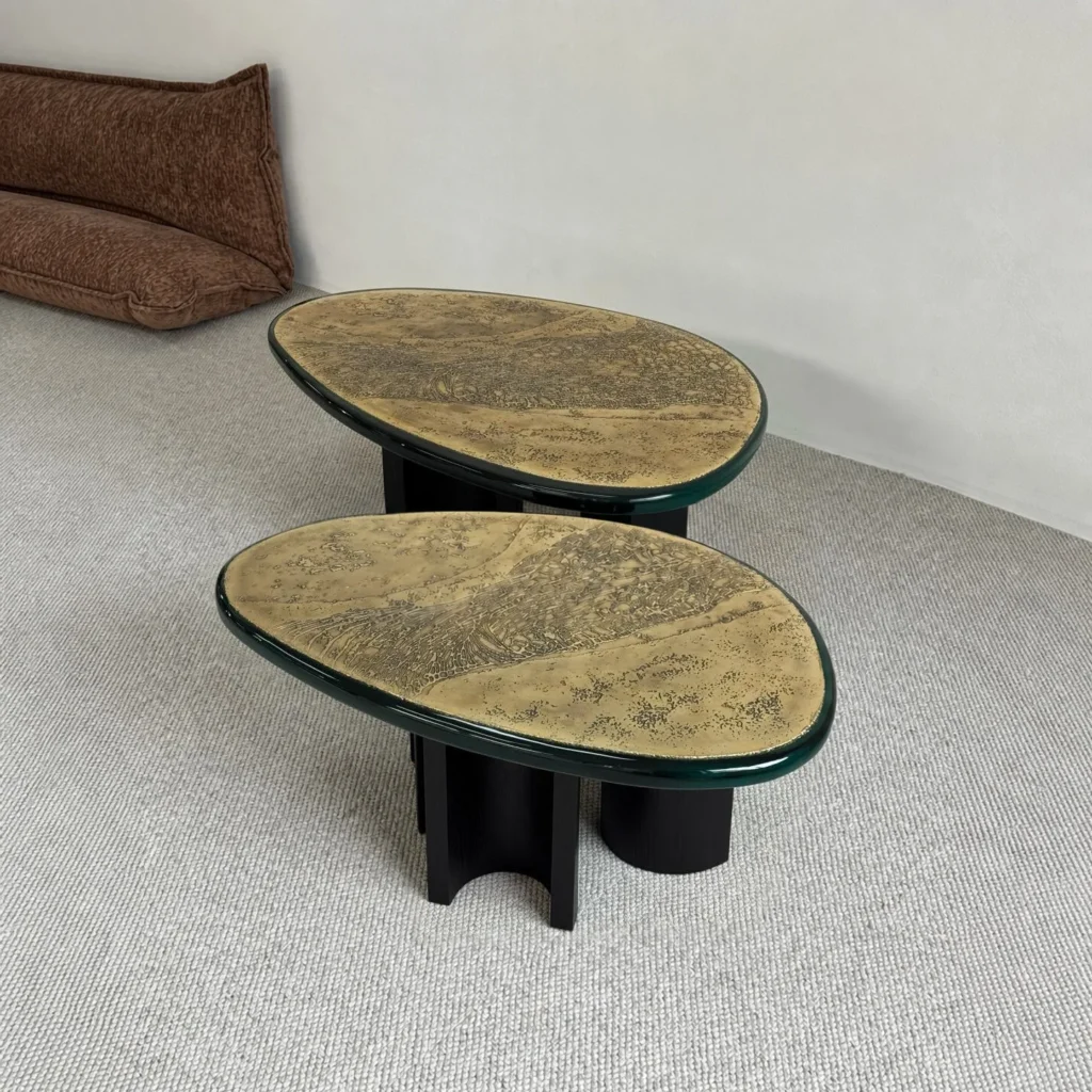 Resin Art Top Coffee Table Pair in brushed brass — front view