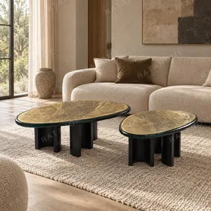 Resin Art Top Coffee Table Pair in brushed brass — in a room setting