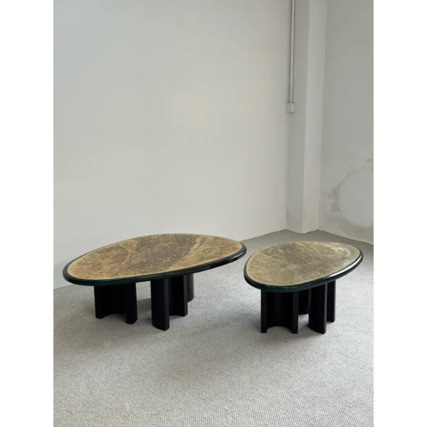 Resin Art Top Coffee Table Pair in brushed brass — in a room setting