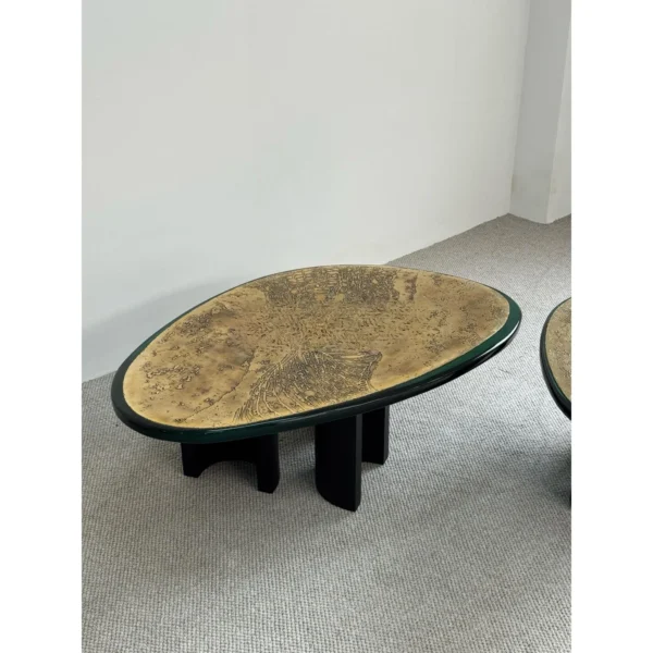 Resin Art Top Coffee Table Pair in brushed brass — in a room setting
