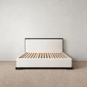 Restrained Oak-Framed Leather Bed in White — front view