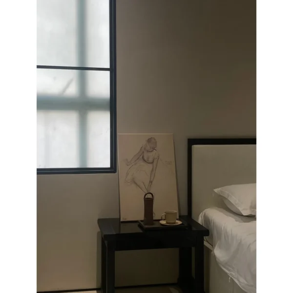 Restrained Oak-Framed Leather Bed in White — in a room setting