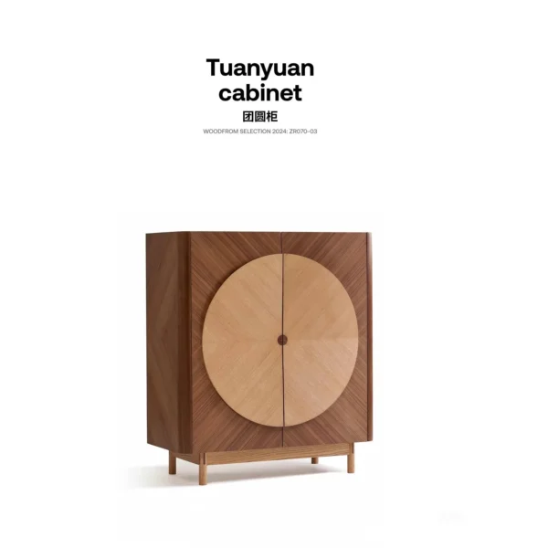 Reunion Cabinet in Walnut and Oak Marquetry with Round Motif — in a room setting