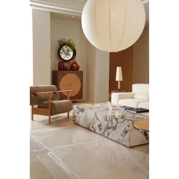 Reunion Cabinet in Walnut and Oak Marquetry with Round Motif — in a room setting