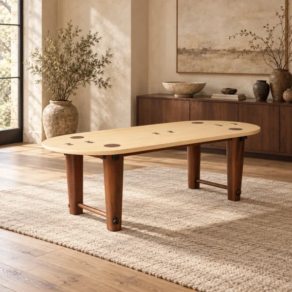 Rhye Oak Oval Dining Table with Inlaid Leg Joints in natural oak — in a room setting