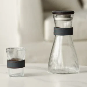 Ribbed Clear Glass Carafe and Tumbler Set with Leather Bands in slate — front view