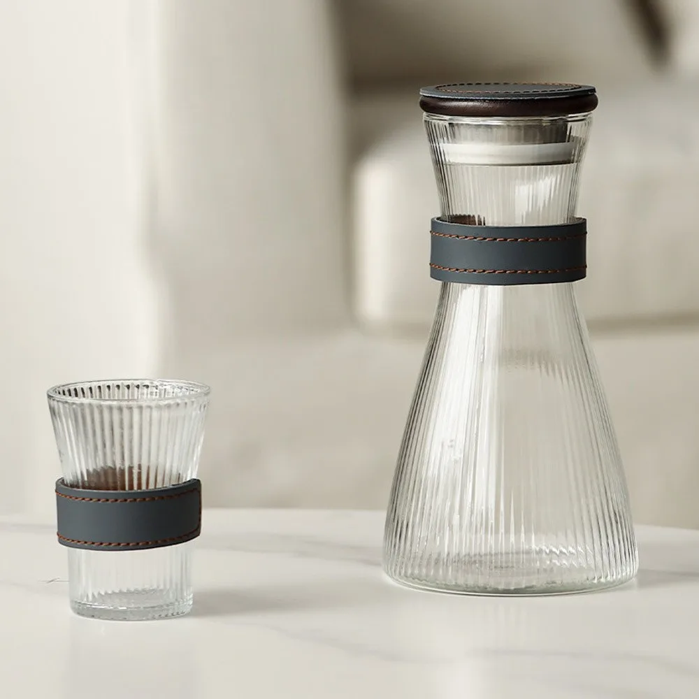 Ribbed Clear Glass Carafe and Tumbler Set with Leather Bands in slate — front view