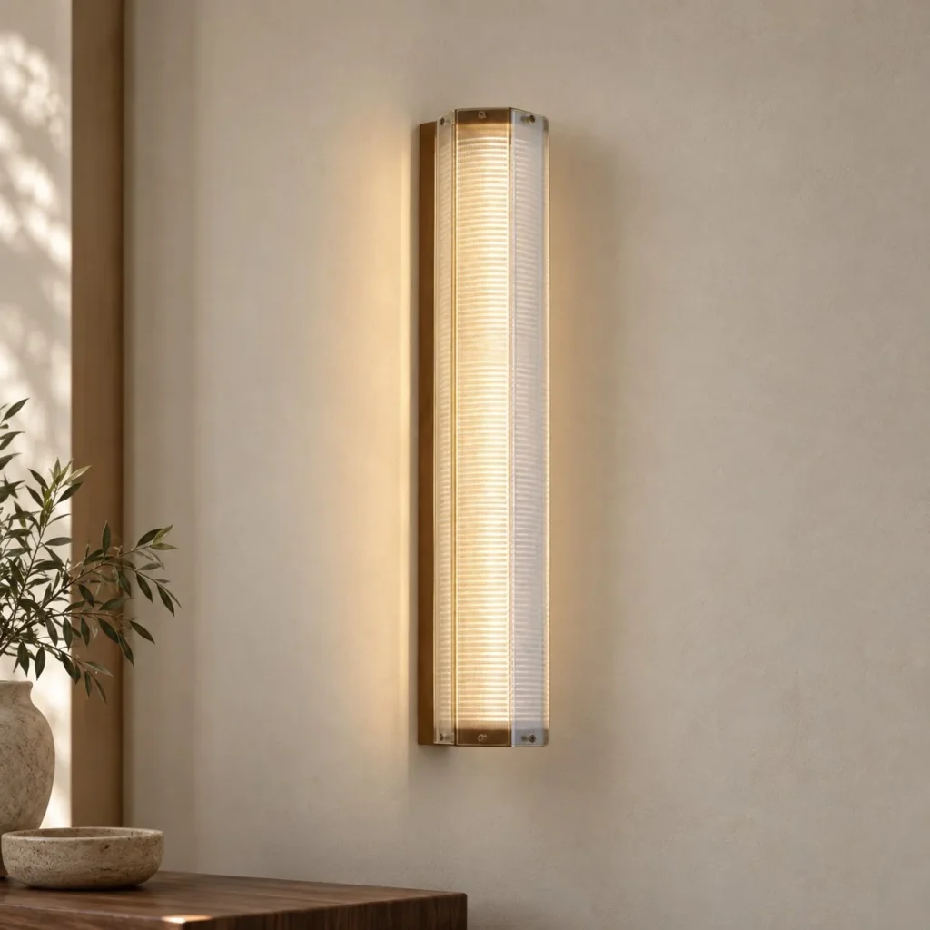 Ribbed Glass Column Wall Light with Brass Caps in silver — front view