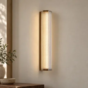 Ribbed Glass Column Wall Light with Brass Caps in silver — front view
