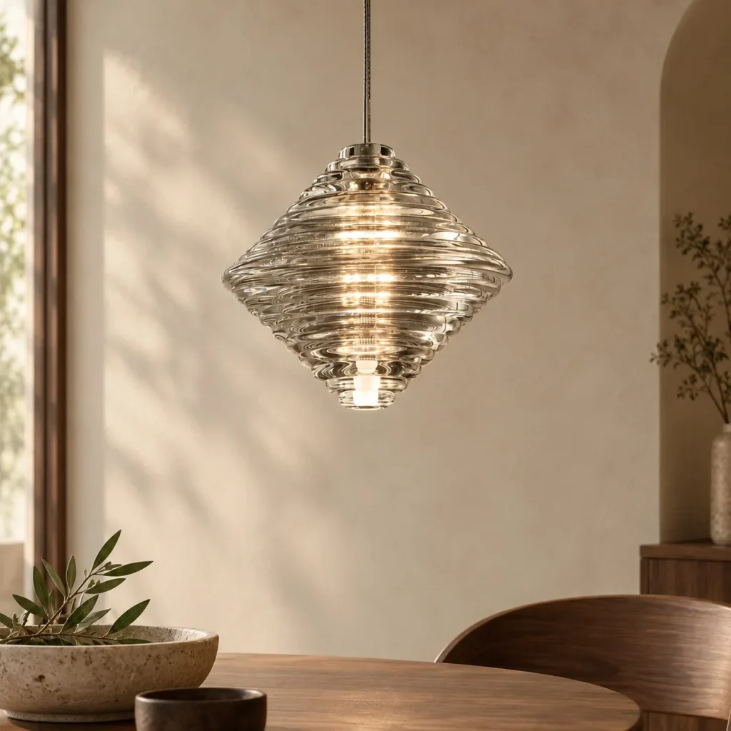 Ribbed Glass Diamond Pendant Light, 12.5 cm in ivory — front view