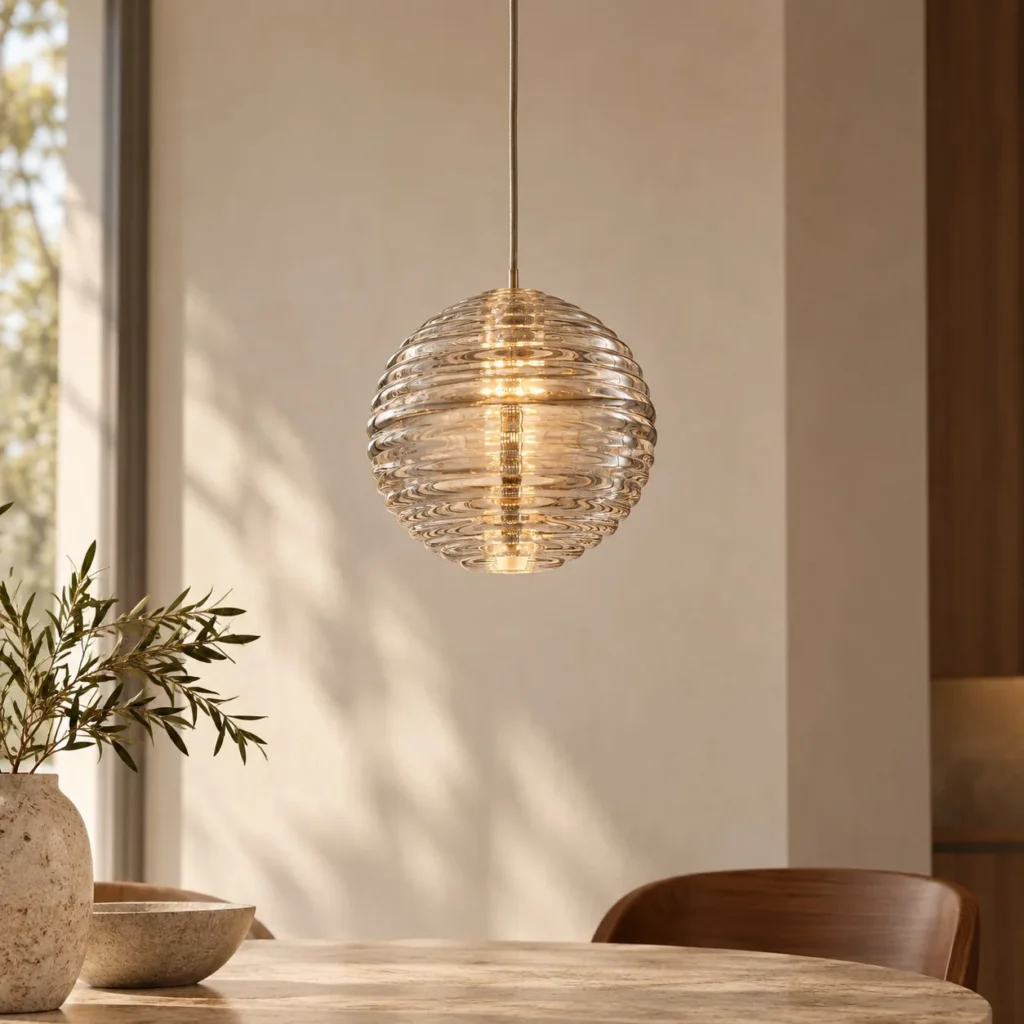 Ribbed Glass Globe Pendant Light, 11 cm in ivory — front view