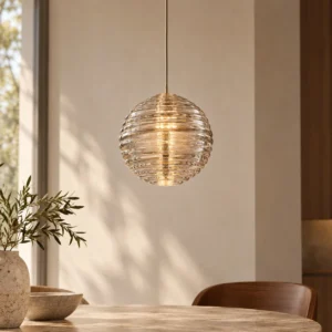 Ribbed Glass Globe Pendant Light, 11 cm in ivory — front view