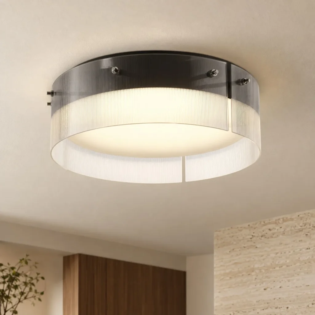 Ribbed Glass Ring Flush Ceiling Light in ivory — front view