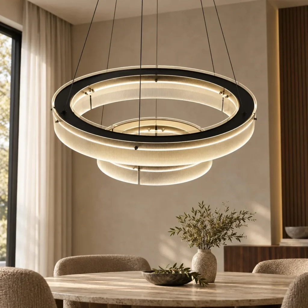 Ribbed Glass Ring Pendant Light, Double Tier, Two Sizes in ivory — front view