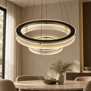Ribbed Glass Ring Pendant Light, Double Tier, Two Sizes in ivory — front view