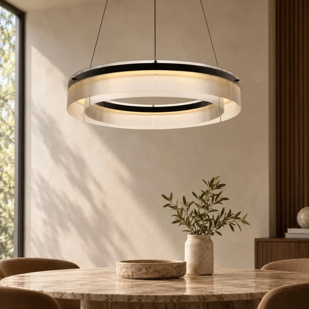 Ribbed Glass Ring Pendant Light, Single Tier, Three Sizes in ivory — front view